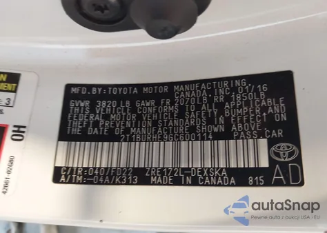 2016 Toyota Corolla S Plus из США, поврежденный, VIN 2T1BURHE9GC600114